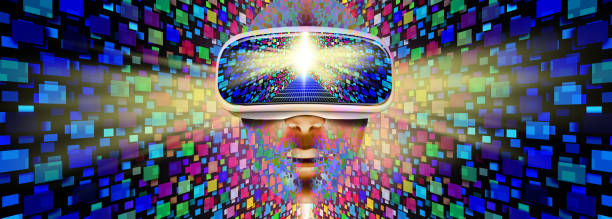 Metaverse Virtual Reality Metaverse virtual reality and internet futuristic streaming media symbol with VR technology and augmented reality as a computer media concept in a 3D illustration style. non fungible token photos stock pictures, royalty-free photos & images