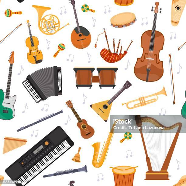  Ilustración de Patrón Sin Fisuras Con Instrumentos Y Notas De Orquesta Musical Plana Cuerdas Percusión E