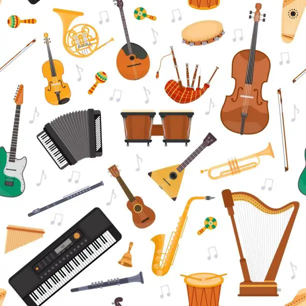 Vector illustration of Seamless pattern with flat musical orchestra instruments and notes. Strings, percussion and wind instrument. Cartoon music vector background