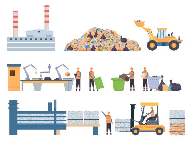 Flat garbage recycle factory building, dump and sorting conveyor. Plastic recycling industry workers. Ecology protection process vector set Flat garbage recycle factory building, dump and sorting conveyor. Plastic recycling industry workers. Ecology protection process vector set. Litter or rubbish reusing and recycling, rubbish dump stock illustrations