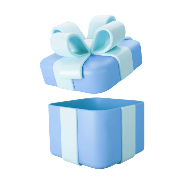 istock 3d blue open gift box with pastel ribbon bow isolated on a white background. 3d render flying modern holiday open surprise box. Realistic vector icon for present, birthday or wedding banners 1353447293