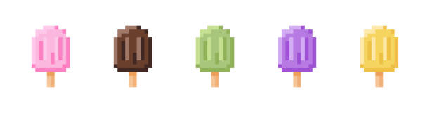 набор мороженого pixel art. ретро коллекция видеоигр 8 бит мороженого. векторные сладкие элементы в стиле 90-х. - vector frozen pixelated multi colored stock illustrations
