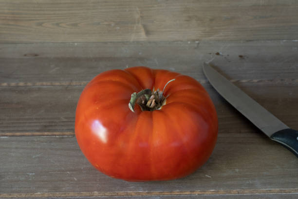 istock One heirloom tomato and a knife 1353448417