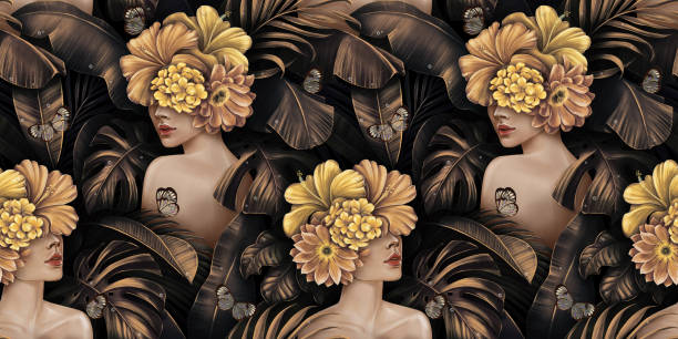 Tropical exotic golden seamless pattern. Beautiful women, hibiscus flowers bouquets, plumeria, monstera, palm, banana leaves, butterflies, jungle. Hand-drawn vintage 3D illustration. Luxury wallpaper, cloth, fabric printing, mural, posters subtropical stock illustrations