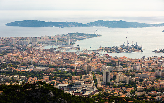 Scenic aerial view of Toulon city and Mediterranean coast, France
