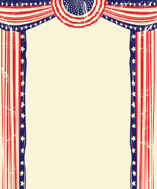 Old fashioned American flag and festoon designed stage to frame an ad or event. Logical layers and groups.  Antique white look. An additional Illustrator and JPEG file are provided with bright whites. Both JPEGS without grunge effect are also included.  The grunge effect is on a separate layer.