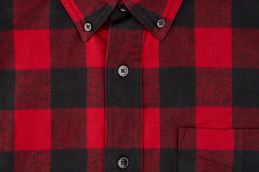 Detailed photograph of a men's flannel shirt in a tartan pattern, showing a portion of the collar and pocket with the centerline and buttons