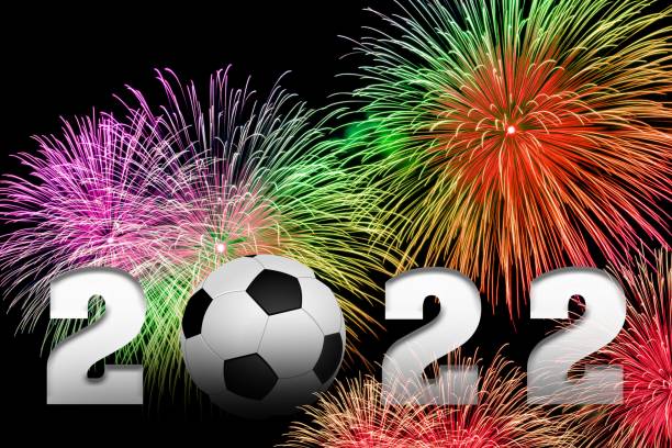 ilustrações de stock, clip art, desenhos animados e ícones de soccer ball, happy new year 2022 with firework on black background - new years party time