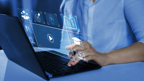 istock Person who attends online lessons on a digital screen.E-learning education, internet lessons and online webinar. Education internet Technology 1353452329