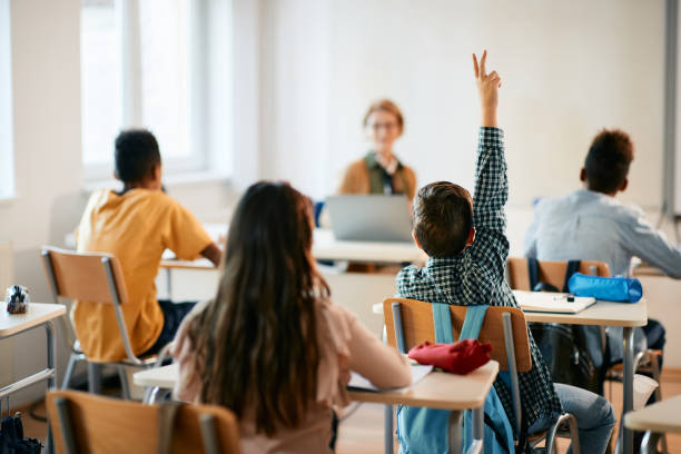 istock Back view of elementary student with raised arm during a class at school. 1353453860