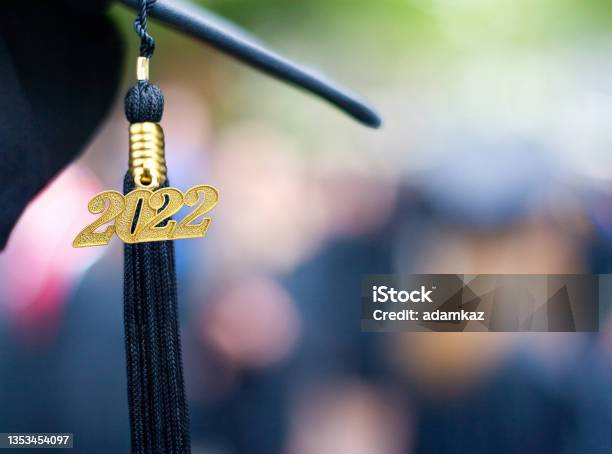 Class Of 2022 Graduation Ceremony Tassel Black Stock Photo - Download Image Now - Graduation, 2022, Mortarboard