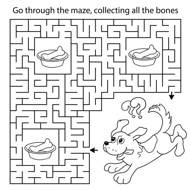ilustrações de stock, clip art, desenhos animados e ícones de maze or labyrinth game. puzzle. coloring page outline of cartoon little dog with bone. puppy. coloring book for kids. - heroes dog pets animal