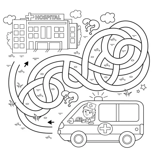 Vector illustration of Maze or Labyrinth Game. Puzzle. Tangled road. Coloring Page Outline Of cartoon doctor with ambulance car near the hospital. Coloring book for kids.