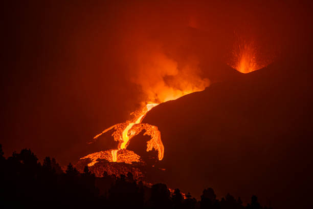 Cumbre Vieja's volcano eruption. Volcanic cone and volcanic bombs going dawnhill.