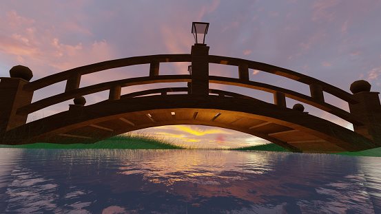 A wooden bridge with retro lamp style across a river with twilight sky in an evening (3D Rendering)