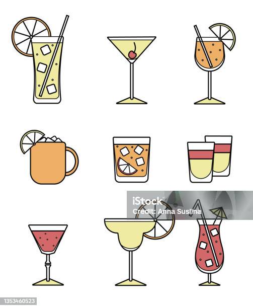Alcoholic Bottles Glasses Alcohol Cocktail Drinks Stock Vector (Royalty  Free) 1938473686