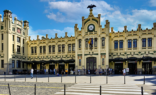 View of landmark train station in old town Valencia, Spain, on a sunny day.