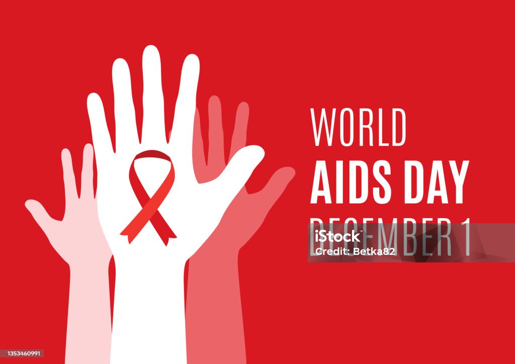 Баннер Всемирного дня борьбы со СПИДом с поднятыми руками человека и красной лентой-вектором - Векторная графика СПИД роялти-фри