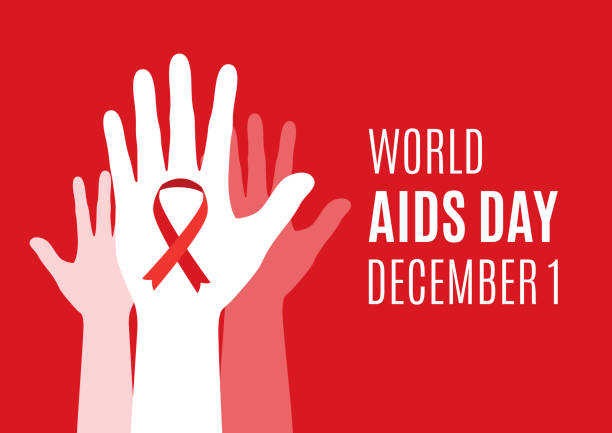 баннер всемирного дня борьбы со спидом с поднятыми руками человека и красной лентой-вектором - world aids day stock illustrations