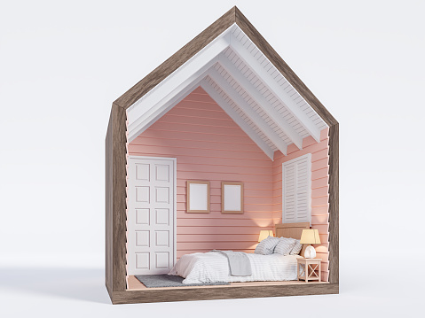 Sección de casa pequeña con dormitorio rosa 3d render photo