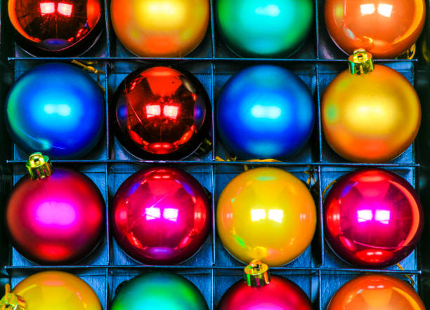 istock Multicolor Christmas balls in a row 1353462101