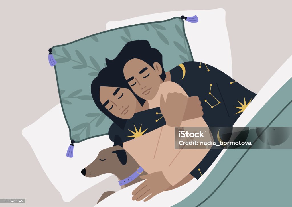 A Top View Of A Caucasian Couple Sleeping With Their Pet A Cozy Home  Atmosphere Stock Illustration - Download Image Now - iStock