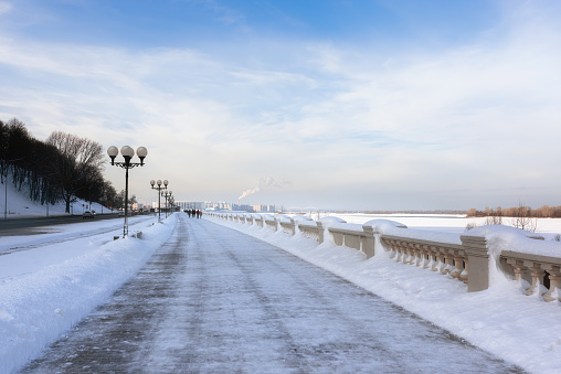 Nizhny Novgorod, Russia - January 9, 2021. Volga river embankment covered with snow