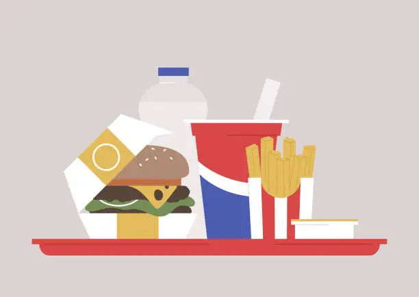 Vector illustration of Fast food on a tray, a cheeseburger in a paper box, water in a plastic bottle, a glass of soda, french fries in a striped container and sauce