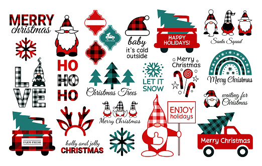 Christmas SVG bundle. Happy New Year. Buffalo plaid snowflakes. Christmas gnomes. Santa Claus squad. Arabesque tile ornament. Red truck with Christmas trees. Boho rainbow. Reindeer antlers