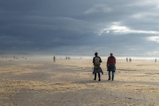 two men strolling on a seaweed covered beach - ijmuiden imagens e fotografias de stock