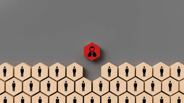 hexagon tile with a person symbol on it is moving up out of many hexagons with people symbols on it - 3d illustration stock photo