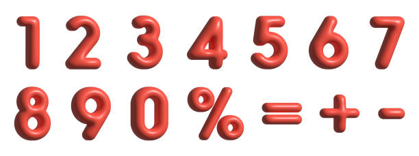 백분율, 플러스, 마이너스, 평등을 가진 적색 숫자 - number 4 number three dimensional shape sign 뉴스 사진 이미지