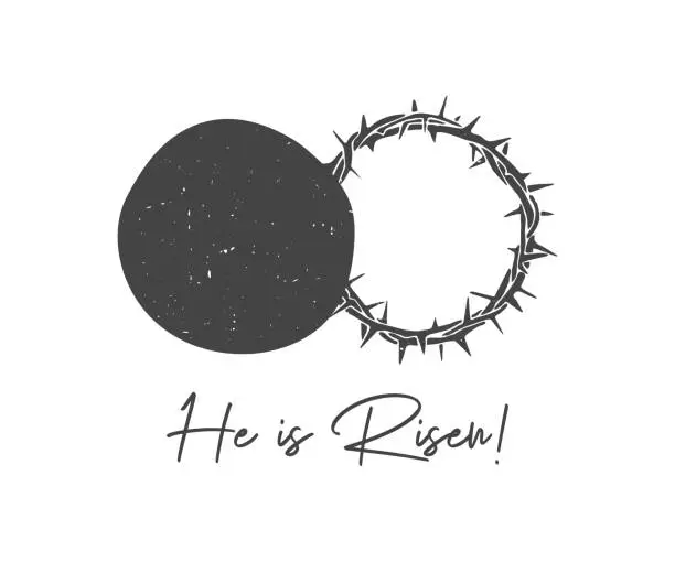 Vector illustration of He is risen with an open tomb with crown of thorns. Celebrate Easter. Sunday. Christian poster. New Testament. Scripture. Vector illustration eps 10