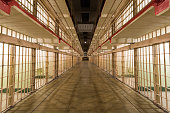 Brodway, the main corridor of the cellhouse dividing B and C Blocks of Alcatraz Prison at Alcatraz Island.