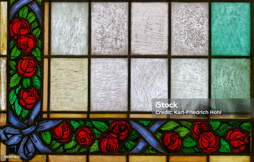 old window detail - rose part of an old window - roses; art deco Stained Glass Stock Photo