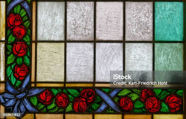 Old Window Detail Rose Stock Photo - Download Image Now - Stained Glass, Pattern, Rose - Flower