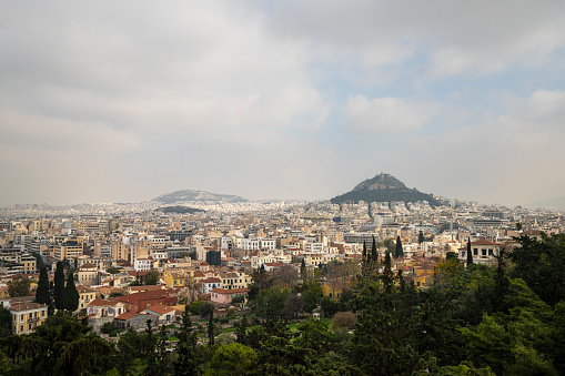 Athens, Greece. November 2021. view of the Lycabettus hill in the city center