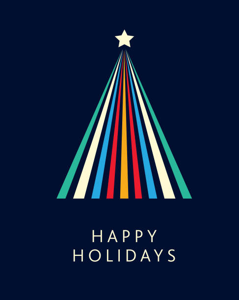 happy holidays grußkarte flache designvorlage mit einfacher geometrischer weihnachtsbaumform - christmas ornament christmas blue decoration stock-grafiken, -clipart, -cartoons und -symbole