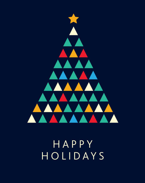 Happy Holidays Greeting card flat design template with simple geometric Christmas Tree shape Vector illustration of a Happy Holidays Invitation card design with geometric simplicity and bright colors on dark blue background. Includes flat colorful Christmas Tree mosaic. Fully editable and easy to customize. Download includes eps 10 and high resolution jpg. happy holidays short phrase illustrations stock illustrations