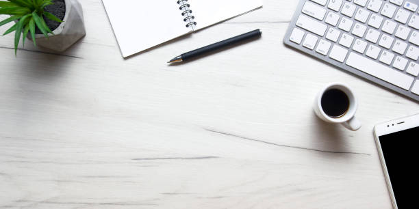 istock Office desk table with supplies. Flat lay Business workplace and objects. Top view. Copy space for text 1353476798