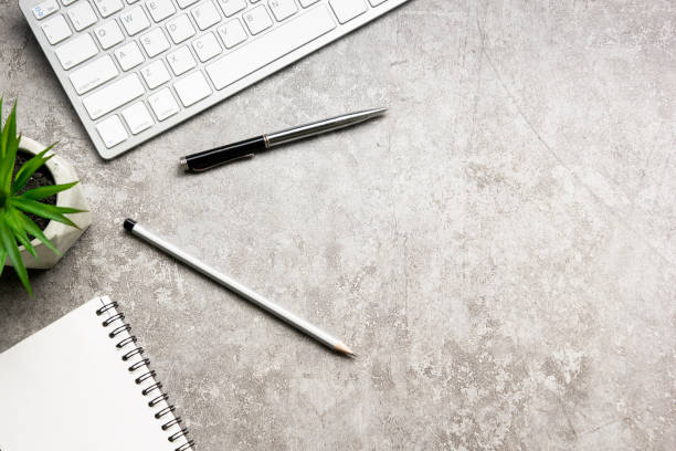 istock Office desk table with supplies. Flat lay Business workplace and objects. Top view. Copy space for text 1353478125