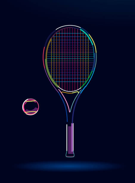 ilustraciones, imágenes clip art, dibujos animados e iconos de stock de raqueta de tenis con pelota, dibujo abstracto y colorido - tennis court tennis ball racket