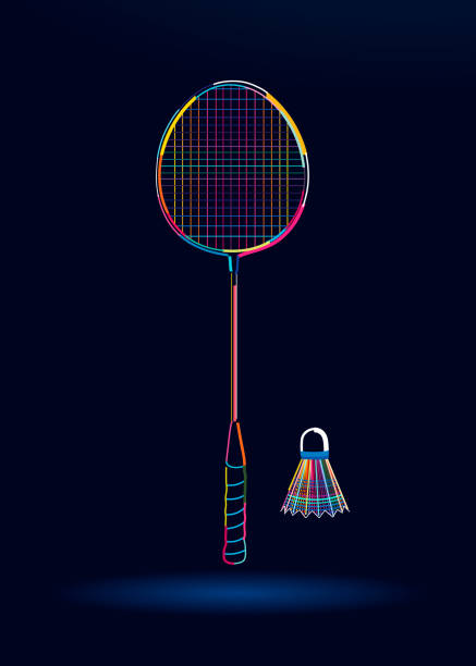 raket bulutangkis dengan shuttlecock, abstrak, gambar berwarna-warni - badminton court ilustrasi stok