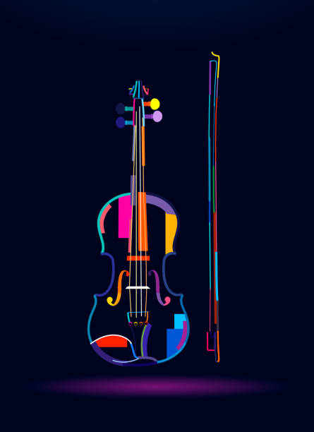 violine mit bogen, abstrakte, farbenfrohe zeichnung, digitale grafiken - cello stock-grafiken, -clipart, -cartoons und -symbole