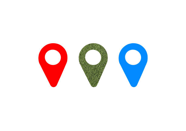 Three geo locate symbols on white background. Design element. Artificial green grass. Red and blue color. Empty space.