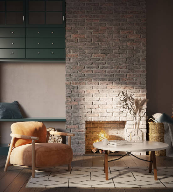 Cottage Fireplace Nook A Relaxed cottage fireplace nook with cognac armchair and coffee table with coffee and books fireplace and armchair stock pictures, royalty-free photos & images