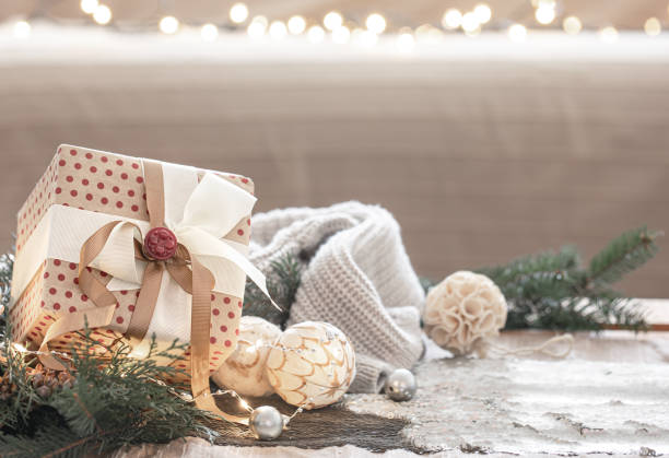 istock Festive Christmas background with gift box and decorative details, copy space. 1353482564