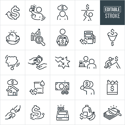 A set of inflation icons that include editable strokes or outlines using the EPS vector file. The icons include a dollar sign with upwards arrow symbolizing rising costs, person sinking while holding cash in hand, depressed person with dollar sign in cloud above head, person being crushed by the weight of inflation, cracked nest egg, chart representing rising inflation, person with bag of groceries that cost more, increased cost at gas pump, piggy bank being shaken from all it's money, filtering of money, hands exchanging cash, weakening of the dollar, customer depressed at cost of goods at cash register, person crawling up mountain to reach dollar sign, house with cloud above and dollar sign, barrel of oil with rising cost, dollar bill being cut to representing the weakening dollar, person using magnifying glass to find extra money, increased cost of groceries, dollar sign sinking, cash register with expensive total, cost of groceries going up and a stack of cash being cut in half to represent the new value of money due to inflation.