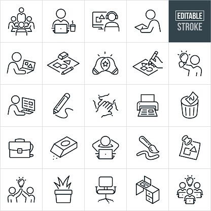 A set of graphic design icons that include editable strokes or outlines using the EPS vector file. The icons include a board room briefing with an art director and graphic designers, graphic designer sitting at computer with a cup of coffee, graphic designer working on project on computer and wearing headphones, graphic designer sketching, graphic designer using drawing tablet, pencil and paper, two lightbulbs overlapped to represent combined creativity, hand drawing with paper and pencil, graphic designer holding up lightbulb, graphic designer laying out project on computer, pencil, paintbrush, graphic designers using teamwork on a project, trash bin with project being thrown away, briefcase, eraser, graphic designer sitting at computer with hands behind head, office chair, office desk with laptop computer and a group of graphic designers sitting at computers with a light bulb.