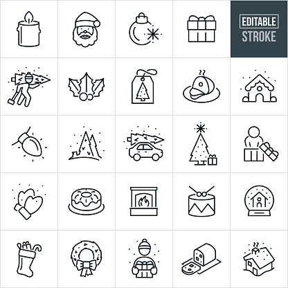 A set of Christmas icons that include editable strokes or outlines using the EPS vector file. The icons include a candle, Santa Claus, Christmas bulb, Christmas present, person carrying cut down Christmas tree, holly, Christmas gift tag, ham, ginger bread house, Christmas lights, cutting Christmas tree, cut Christmas tree on top of car, set up Christmas tree with gift, person opening Christmas gift, mittens in snow, bun cake, fire in fireplace, drums, snow globe, stocking with present and candy cane, holiday wreath, person holding Christmas present as it snows outside, fruitcake and a house in the snow.